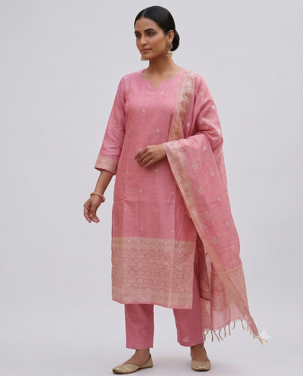 Onion Pink Raw Silk Embroidered Salwar Set