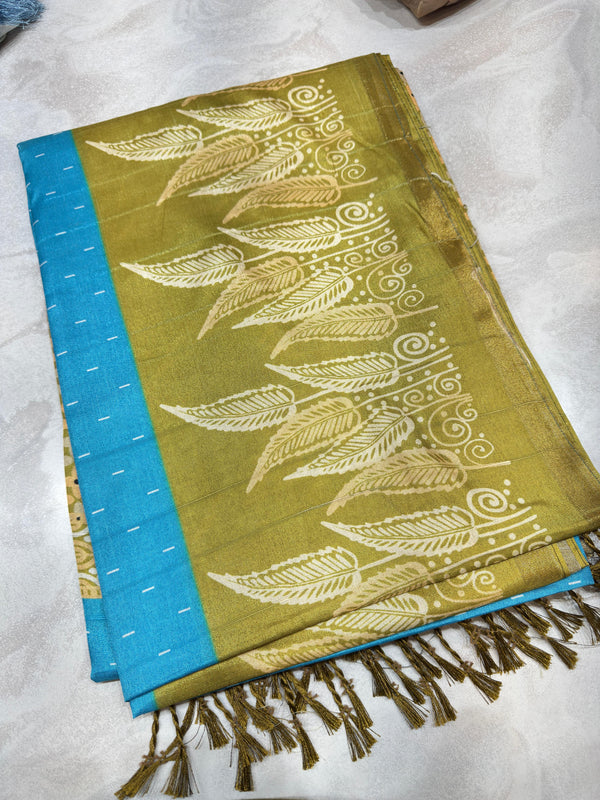 Blue and Green Printed Art silk saree with attached blouse