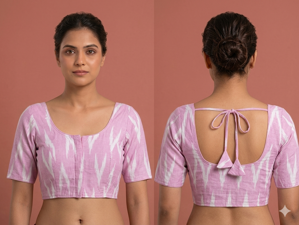 Woman wearing a pink and white patterned blouse with a tie-back design, shown from front and back.