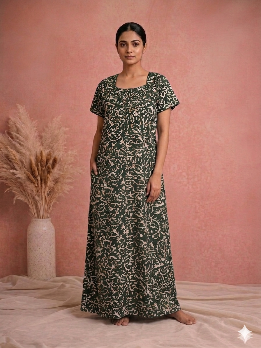 Meenu's Lotus Cotton nighty Bottle green L
