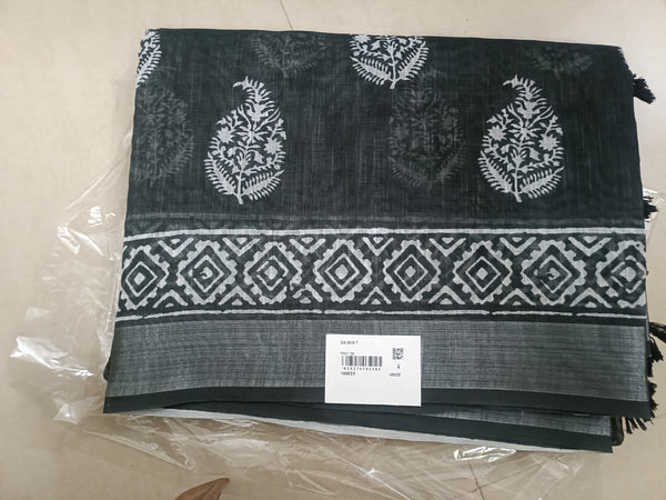 Leaf Printed Linen Saree black