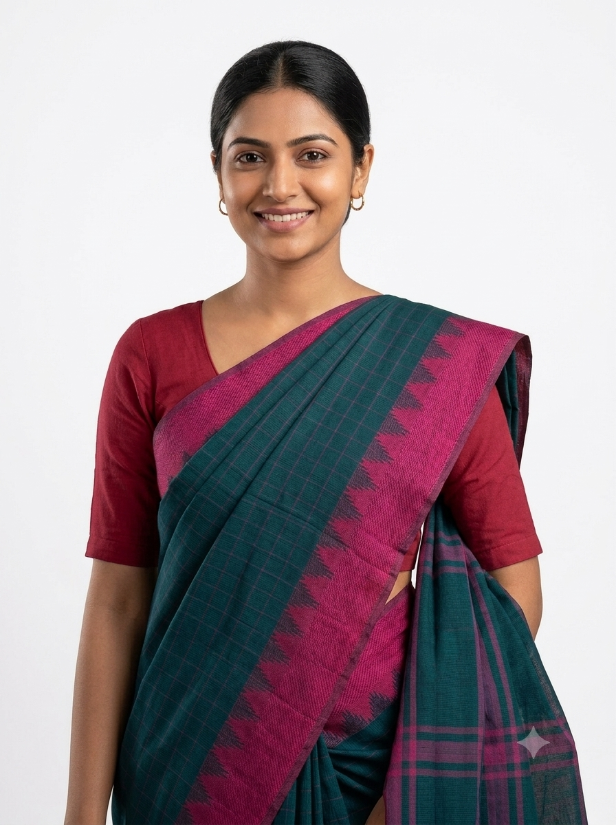 Handloom Cotton Saree with Thread Border – Green & Magenta - Without Running blouse