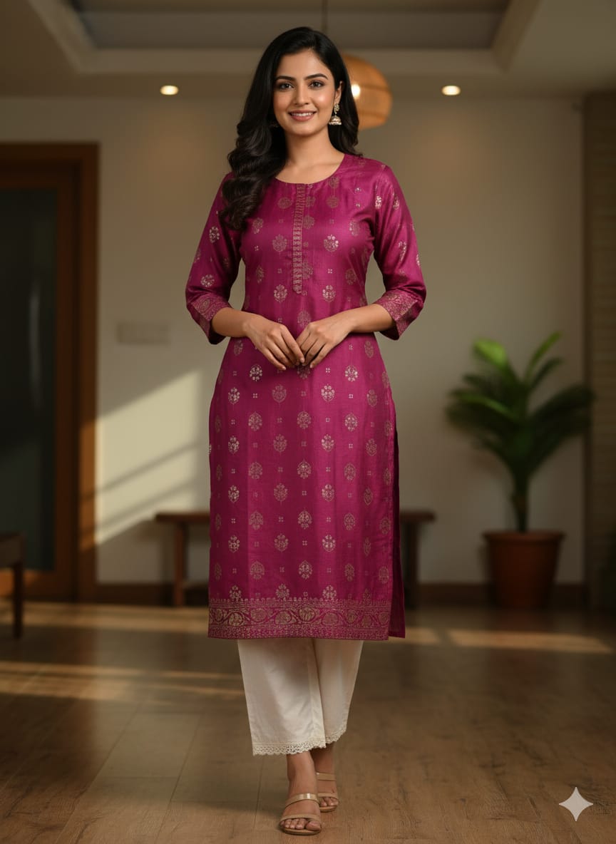 Silk cotton kurti set - Purple