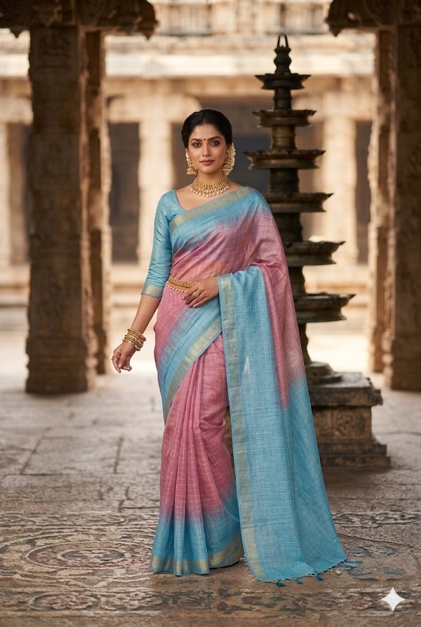 Onion pink and blue linen checked zari saree