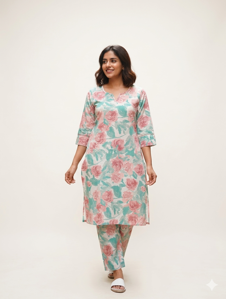Jaipur Cotton Co ord Set - Floral Pink and Green