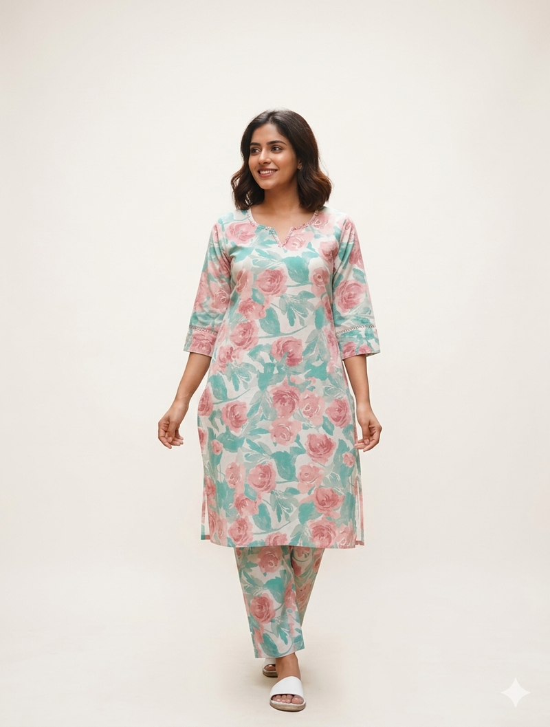 Jaipur Cotton Co ord Set - Floral Pink and Green