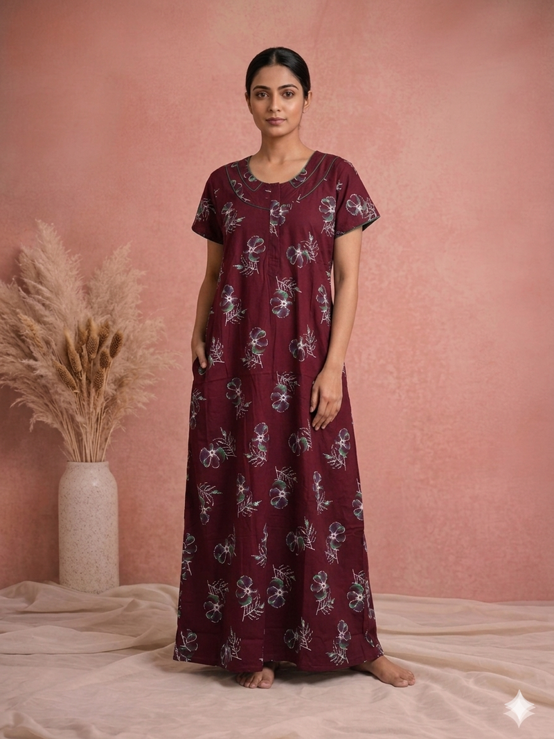 Meenu's Lotus Cotton nighty Maroon XL
