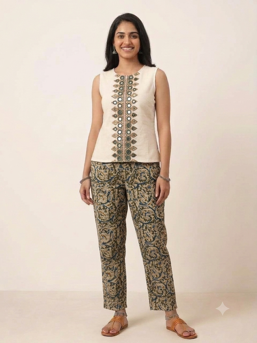 Kalamkari Regular Pant - Green Floral
