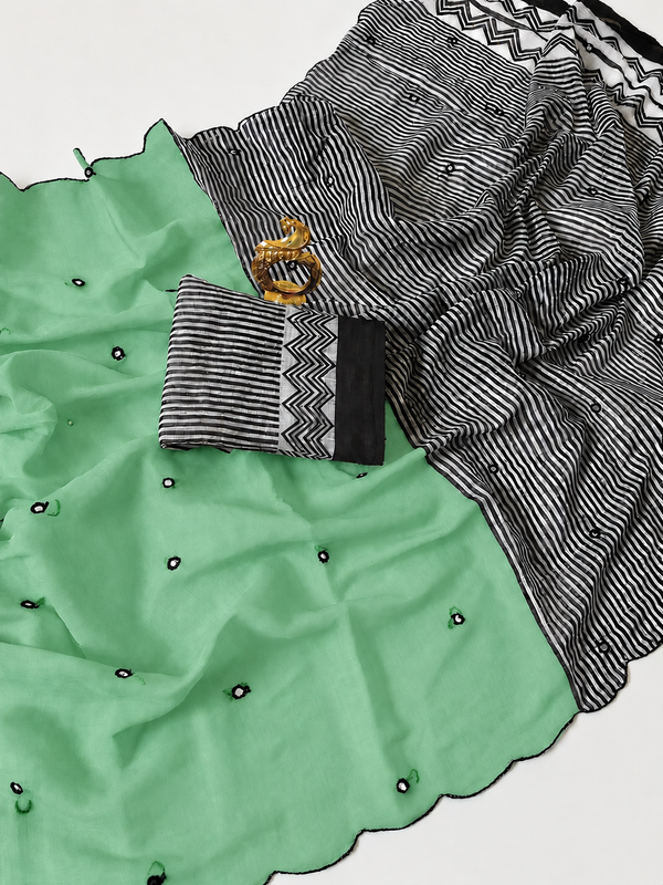 Linen mirror work saree Green