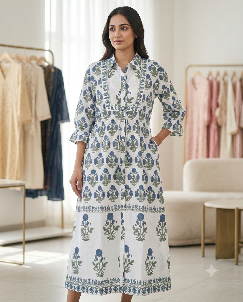 White Floral Printed Cotton Maxi