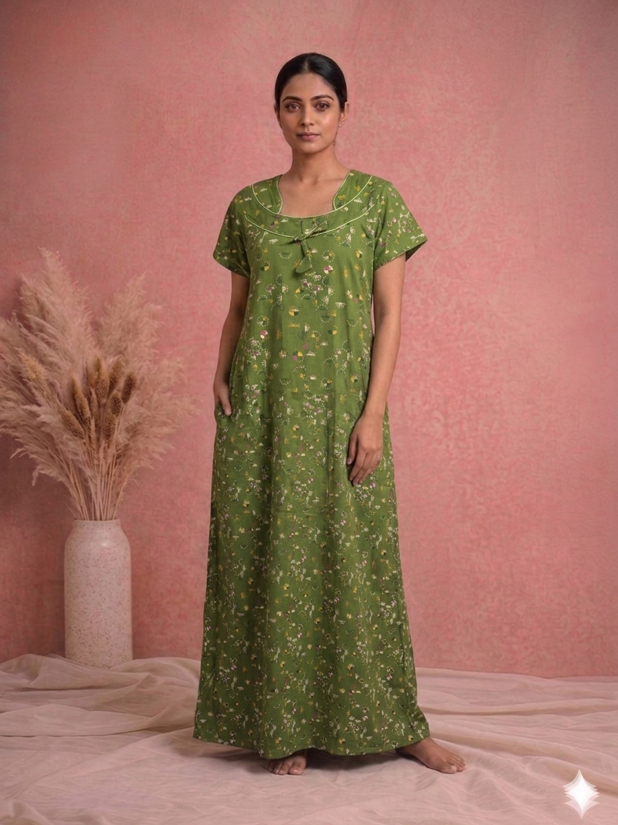Woman wearing a green dress with a subtle pattern against a pink background
