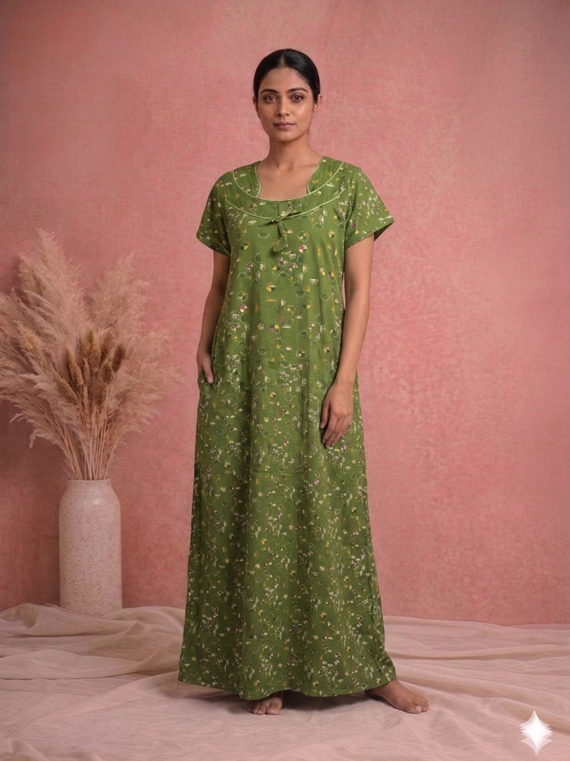Woman wearing a green dress with a subtle pattern against a pink background