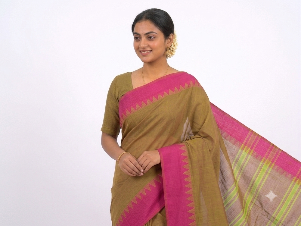 Handloom cotton saree with thread border - Yellow with pink - Without Running blouse