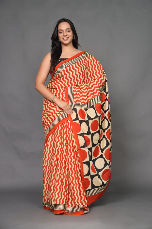 Elegant Rust and Black mul cotton saree