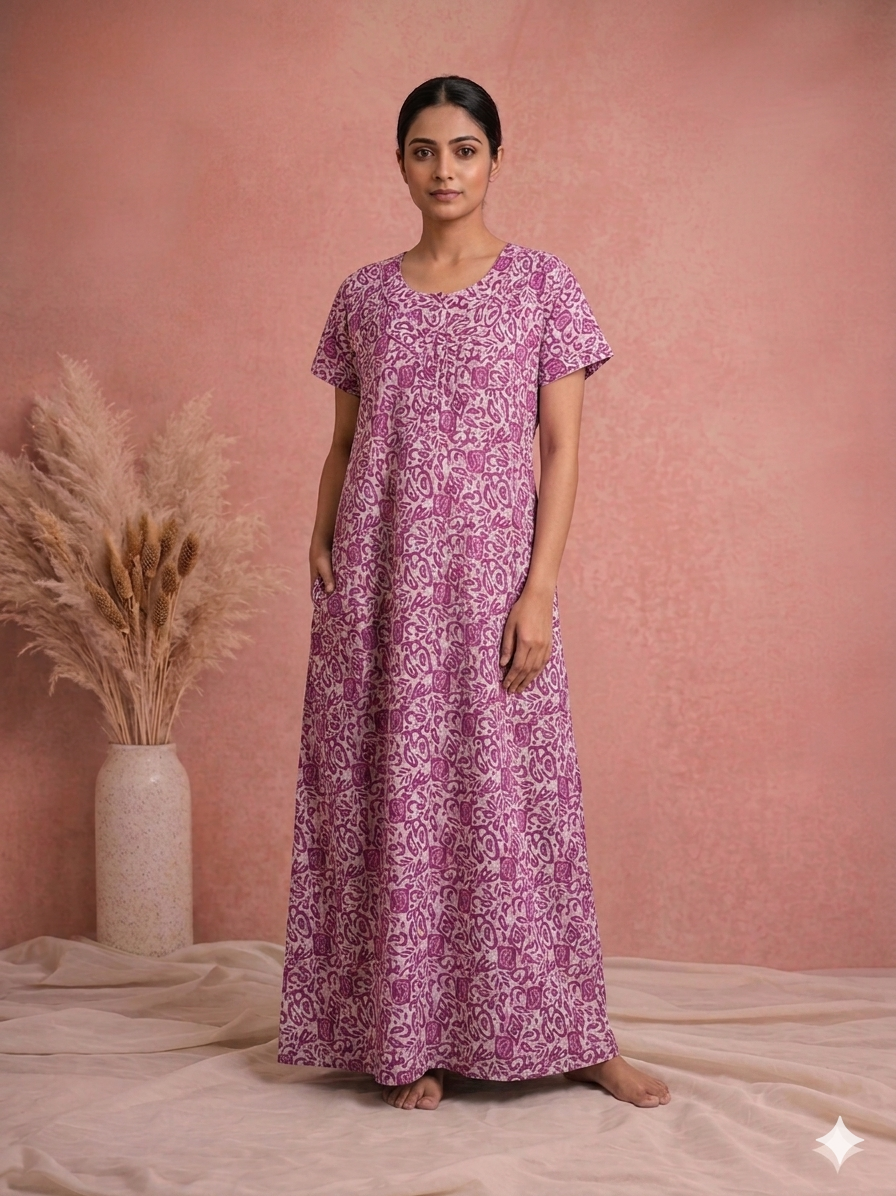 Woman wearing a purple floral dress against a pink background