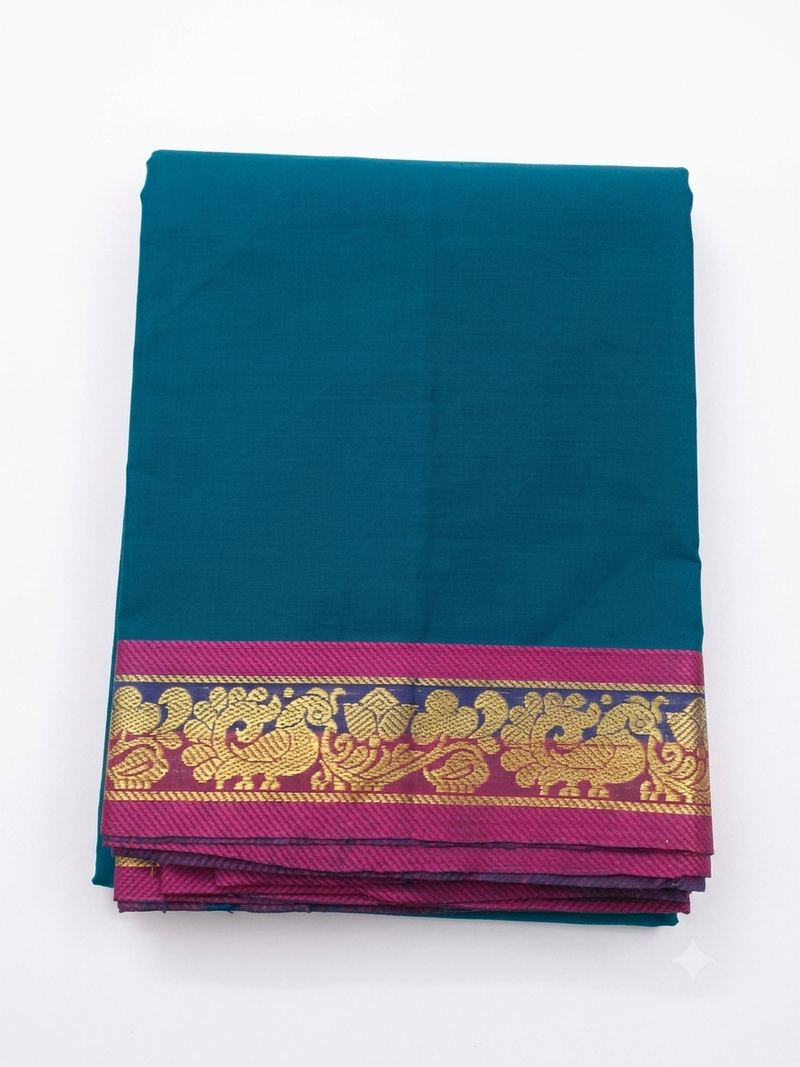 Peacock Teal Handloom Cotton Saree with Rich Zari Border & Contrast Magenta Border