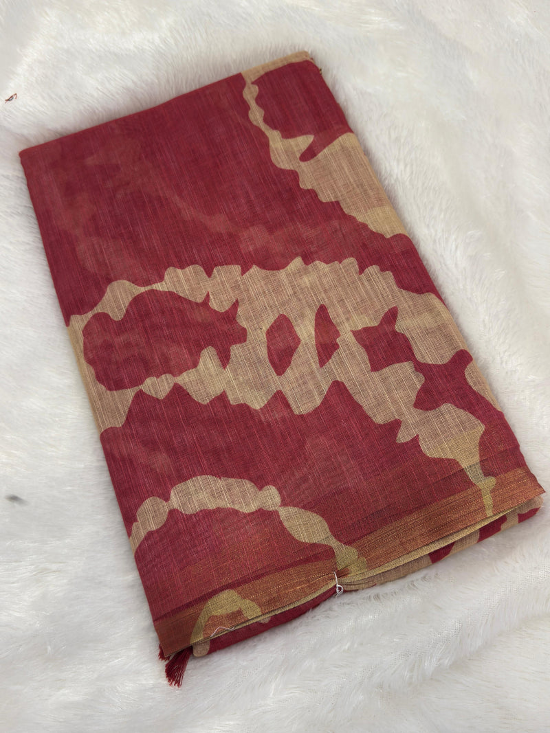 Brick Red with Beige Abstract Printed Linen saree