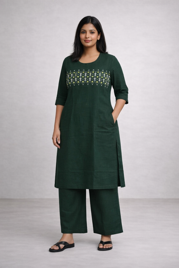 Cotton embroidered co-ord set(Bottle green) - XL