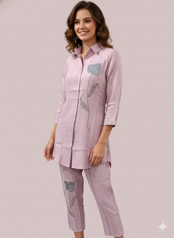Linen Co-ord Set with embroidery work-Pink Levender