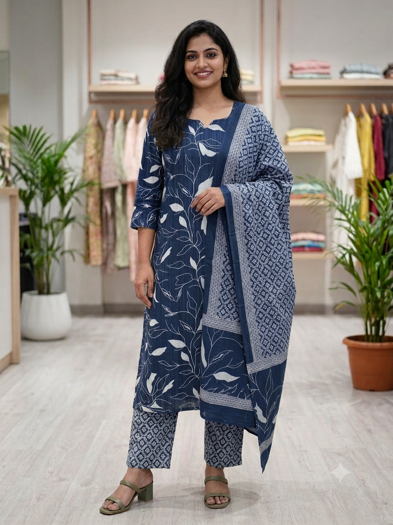 Dark blue green Cotton kurti set
