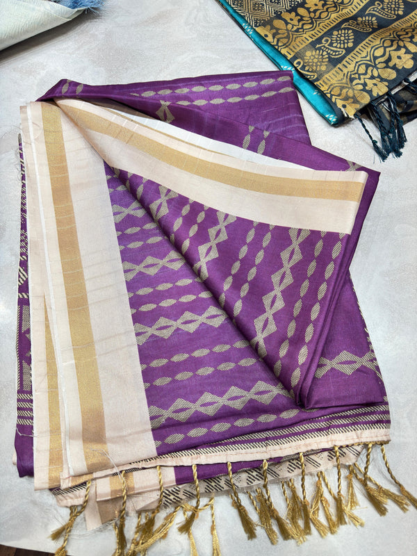 Purple Printed Art silk saree with attached blouse