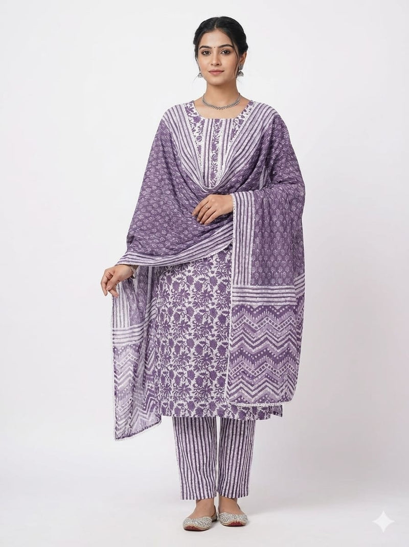 Cotton 3-Piece Salwar Set - Purple Print