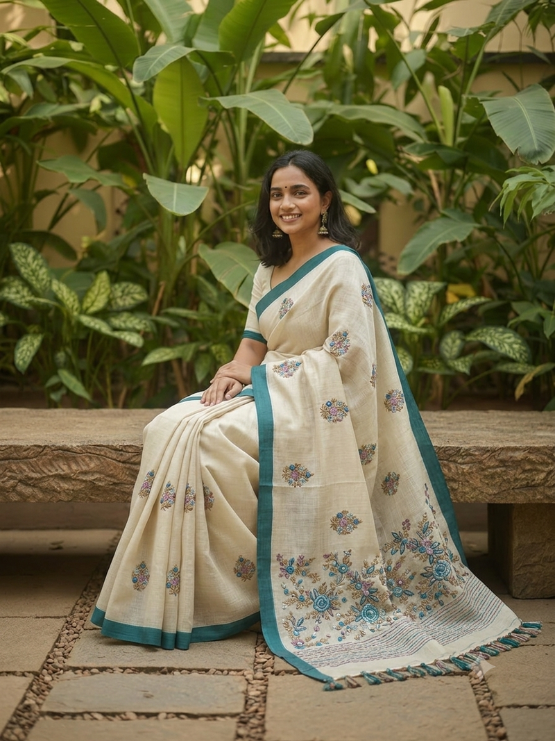 Linen Frenchknot saree Teal