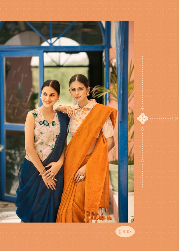 Linen Sarees Codai Cilk - Linen Sarees with Designer Blouse(Unstitched) - Navy Blue