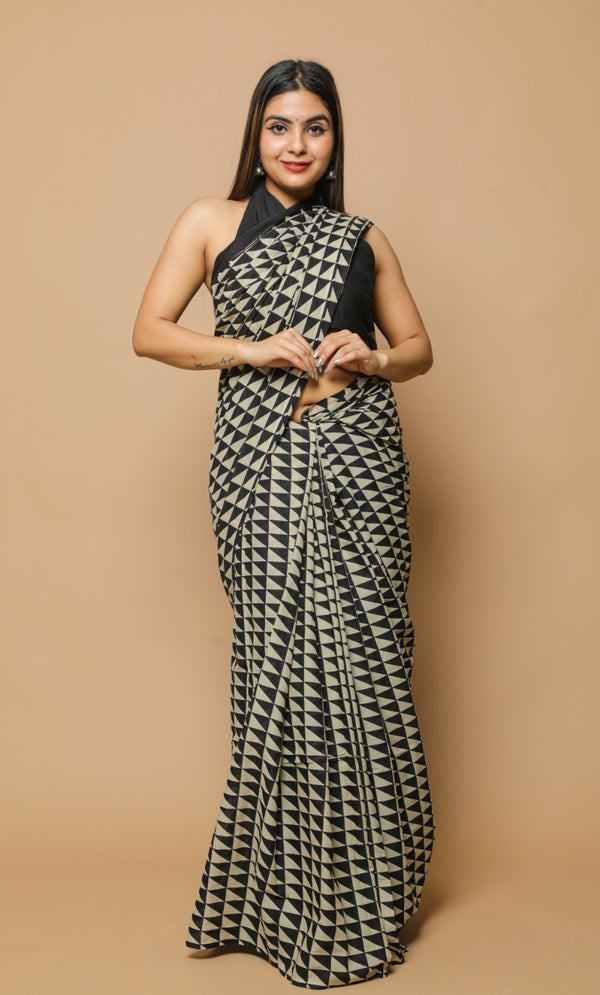 White and Black mul cotton saree