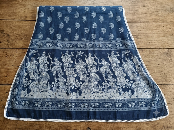 Indigo Kalamkari Printed Linen Saree  with Mirror and Lace work