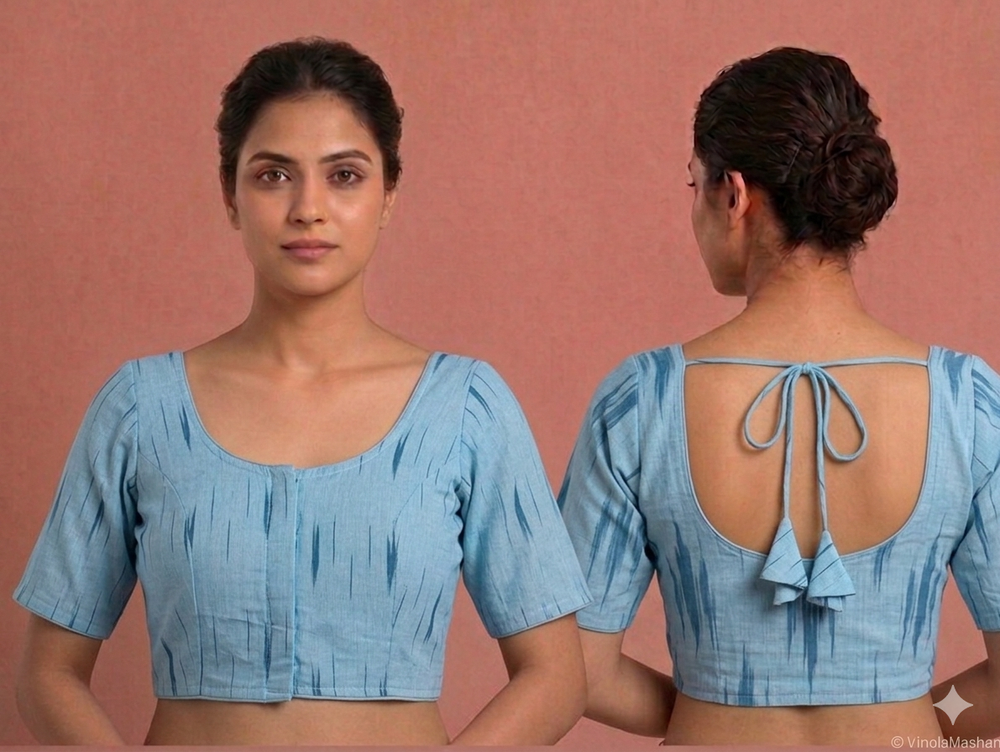 Woman wearing a blue blouse with a plain background