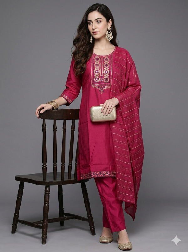 Woman in a pink traditional outfit with embroidery, standing next to a wooden chair on a gray background.