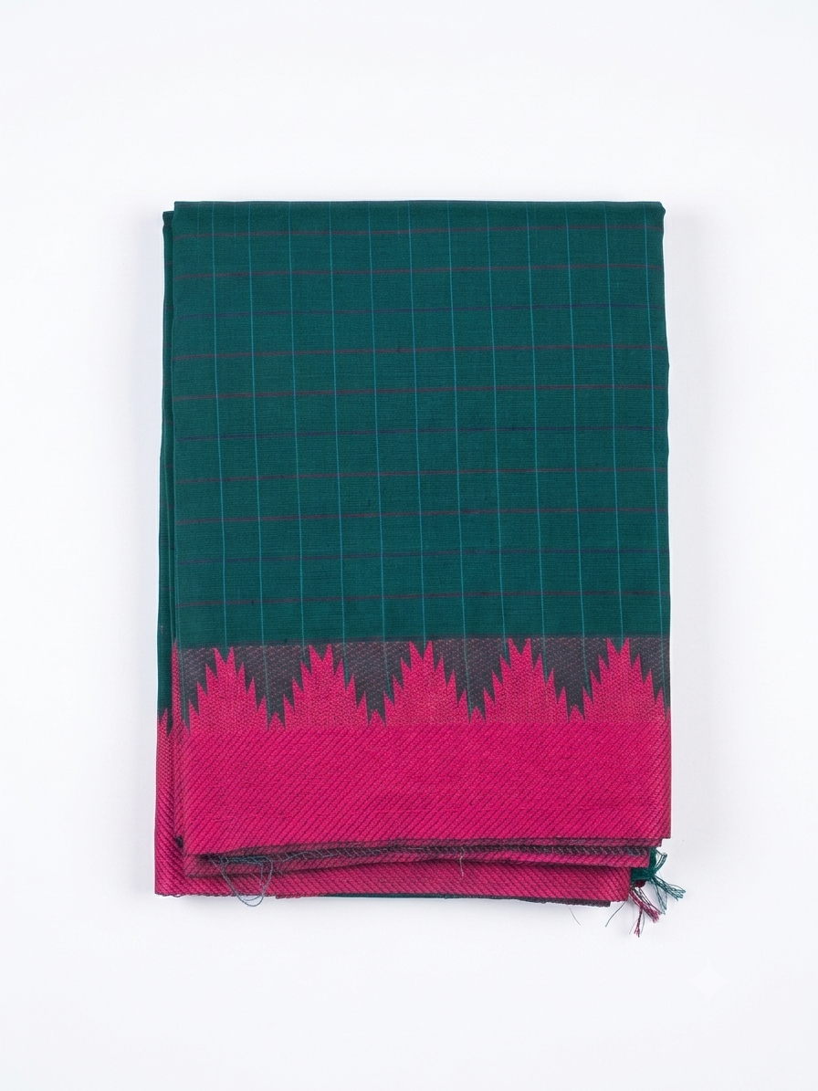 Handloom Cotton Saree with Thread Border – Green & Magenta - Without Running blouse