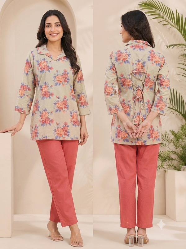 Beige Floral Print Tunic with Back Tie