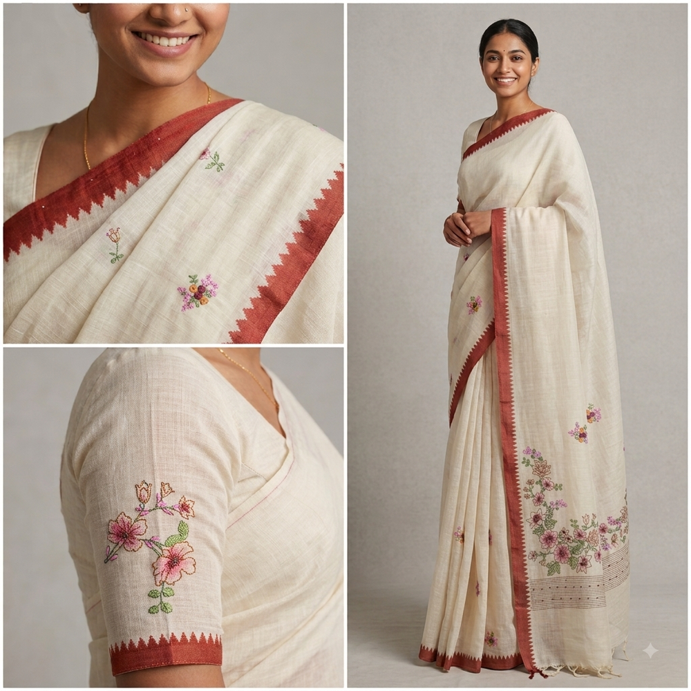 Ivory with rust orange Linen Tissue saree with Frenchknot embroidery