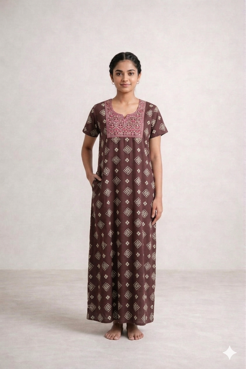 Shanthi Printed nighty with embroidery work Maroon Diamond
