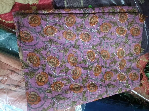 Purple  Printed Linen Saree with Katha work embroidery