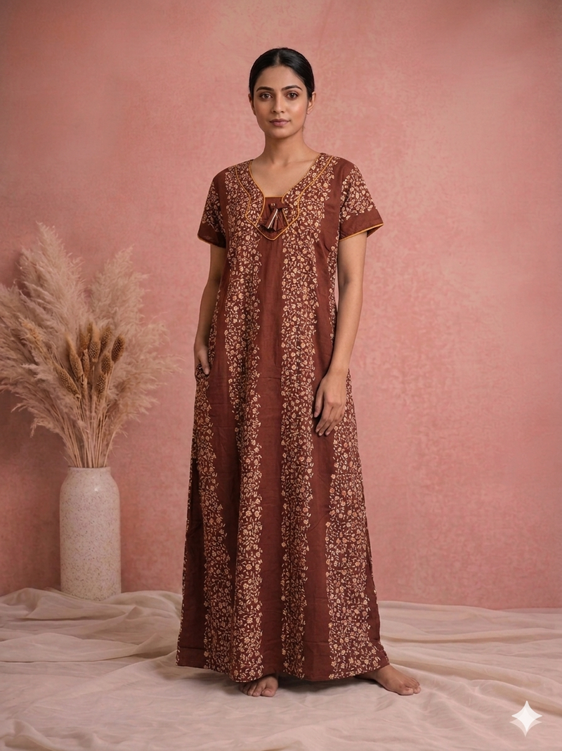Woman wearing a brown patterned dress against a pink background