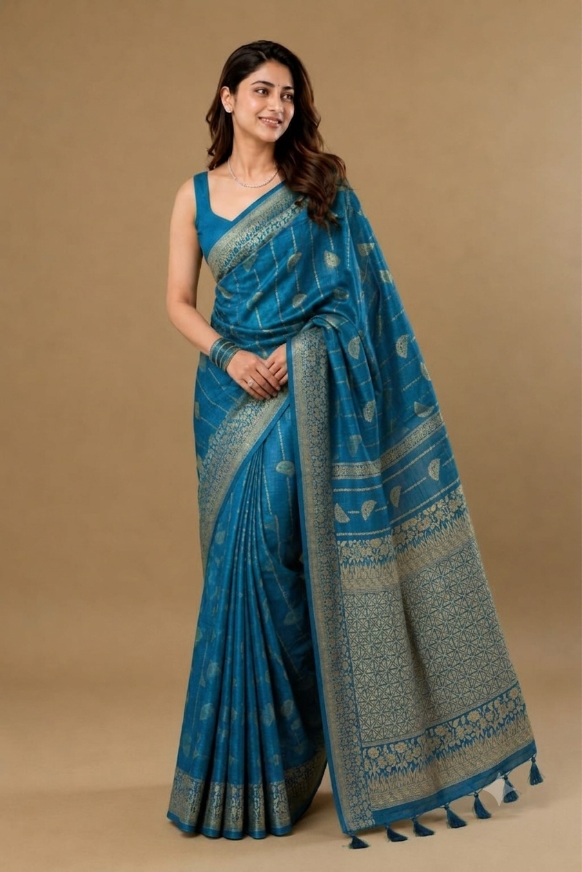Sea Blue Semi Tussar Saree | Rich Zari Woven Pallu | Elegant Festive Drape