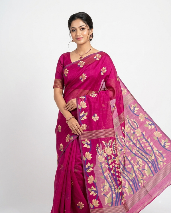 Magenta Pink Semi Tussar Jamdani Silk Saree with All-Over Floral Motif