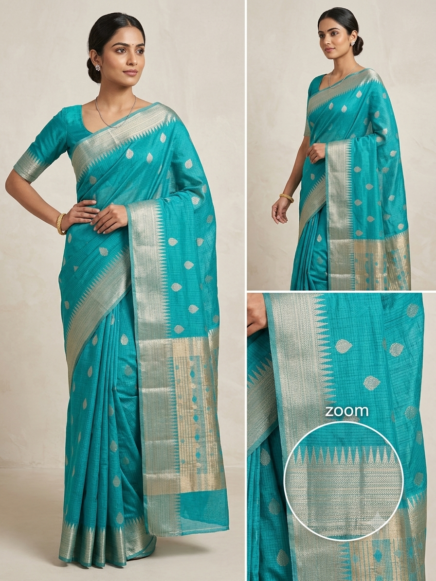 Turquoise Blue Semi Silk Saree featuring Silver Zari Weaving & Rich Zari Pallu