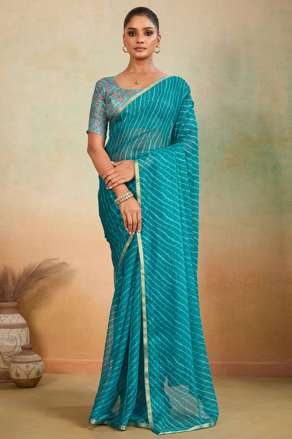 Blue Leriya Chiffon Stripped saree with designer blouse