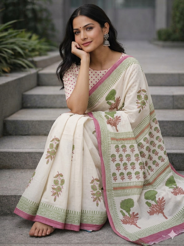 Elegant Mul cotton saree off white floral