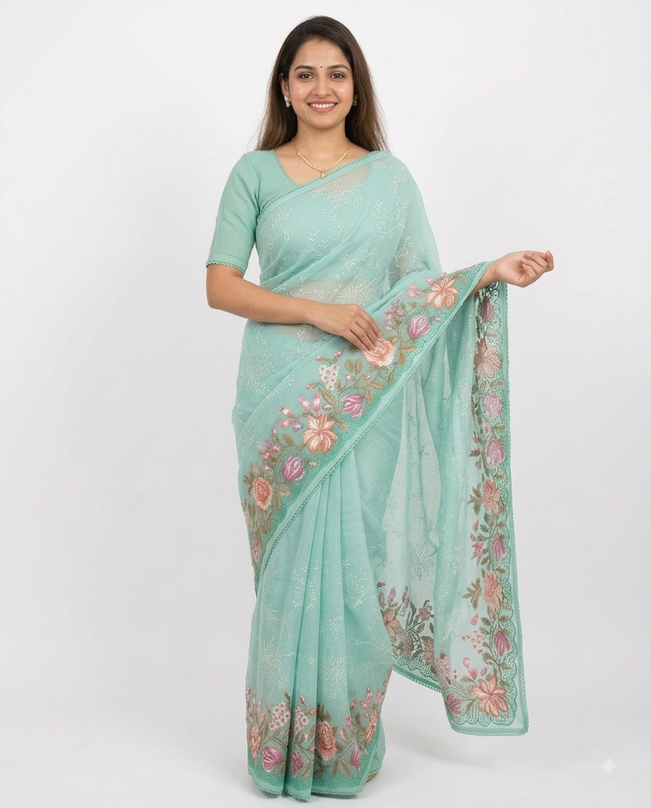 Pastel Mint Green Kota Cotton Saree with Floral Embroidery & Scalloped Pallu