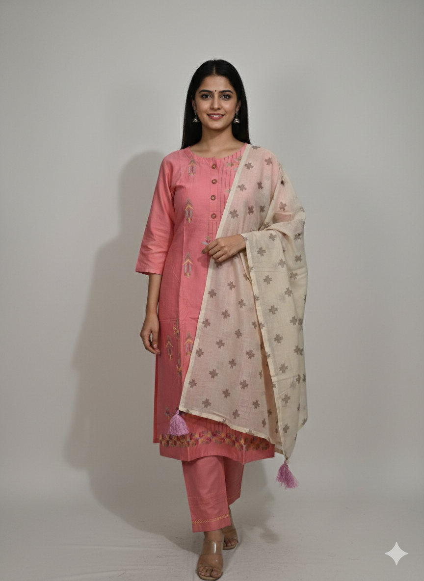A woman modeling a traditional Indian salwar kameez suit in pink, featuring a pink kurta with button details, matching pink trousers, and a cream dupatta with pink floral motifs and tassels, set against a plain light gray studio background.