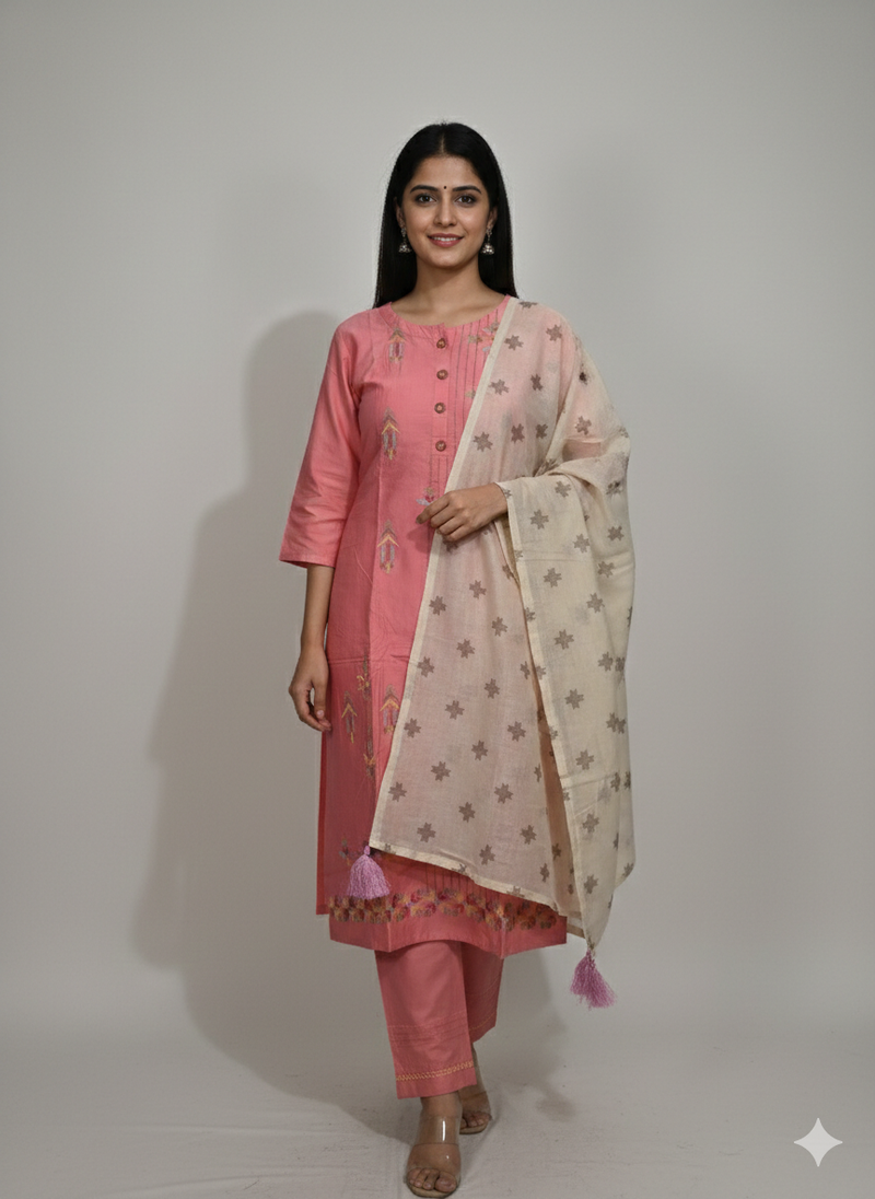 Elegant Blush Pink Cotton Embroidered Kurti Set with Mul Cotton Dupatta