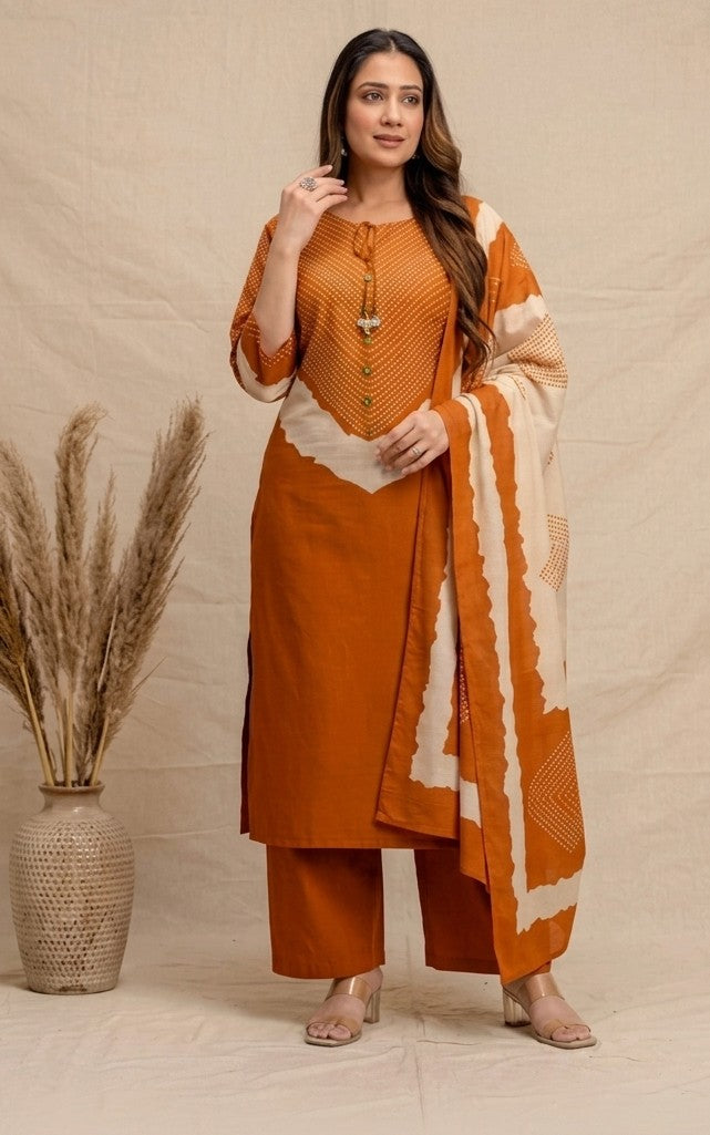 Jaipuri Cotton embroidered Kurti set Rust Orange