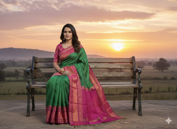 Semi Silk Laksha Deepam Saree - Green Body with Pink Border