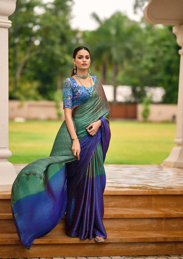 Tarna - Fancy Double Shade Saree & Designer Blouse - RoyalBlue & Brown