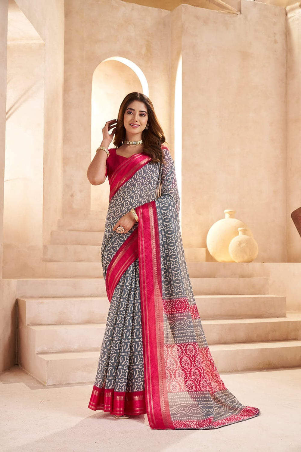 VRUDAM Chanderi Cotton - Grey & Pink